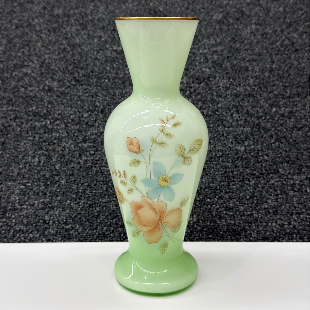 Vintage Green Cased Glass Bud Vase Hand Painted Floral Gold Gilt Rim 9.25 Inch